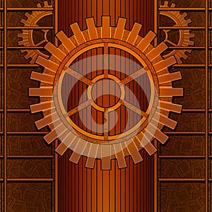 Geometric, symmetrical abstraction orange and brown color, old mechanism with large and small gears