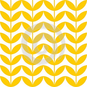 Geometric symmetrical seamless pattern with yellow vertical spikelets of wheat, branches with leaves on a white background.