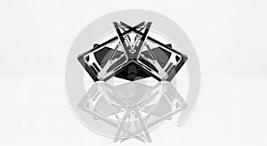 A geometric, symmetrical structure featuring interlocking black and metallic silver