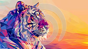 Geometric tiger profile illustration at sunset, vibrant colors. Art and wildlife concept photo