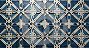 Geometric tile pattern featuring a repeating star design with blue and white colors. Th