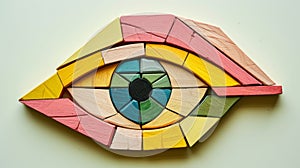 Geometric toy building set of the human eye, geometric colorful wooden constructor pieces on plain light background.