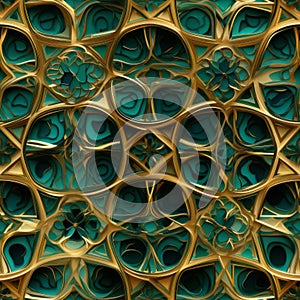 Geometric traditional Islamic ornament. Fragment of a ceramic mosaic.Abstract background. Green and gold