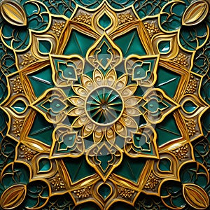 Geometric traditional Islamic ornament. Fragment of a ceramic mosaic.Abstract background. Green and gold