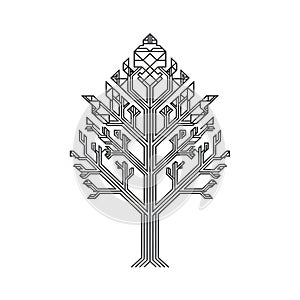 Geometric tree design with symmetrical, angular branches and intricate patterns.