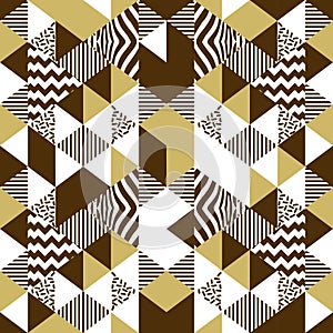 Geometric triangle seamless pattern vector with golden colors. Yellow gold luxury memphis 90s abstract background vector