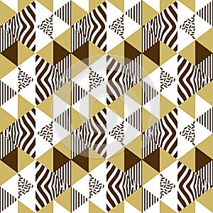 Geometric triangle seamless pattern vector with golden colors. Yellow gold luxury memphis 90s abstract background vector