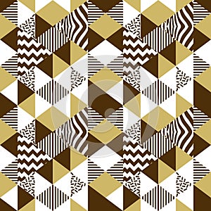Geometric triangle seamless pattern vector with golden colors. Yellow gold luxury memphis 90s abstract background vector