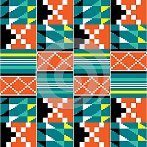 Geometric tribal Kente vector seamless pattern, African vibrant nwentoma cloth style ornament with abstract shapes perfect for fab