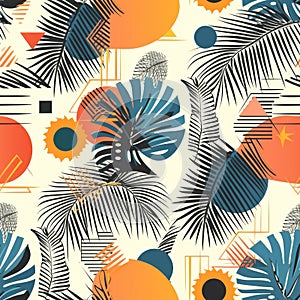 Geometric Tropical Sun Pattern. Seamless tropical pattern with geometric sun and foliage