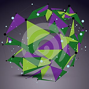 Geometric vector abstract 3D complicated lattice object, multicolored asymmetric element with wireframe structure and connected l