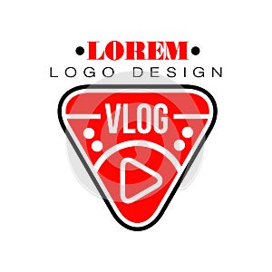 Geometric vector logo for vlog or Youtube channel in shape of red play button. Internet blog with visual information