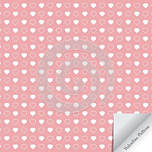 Geometric vector pattern repeating bold heart and linear heart on pink background with paper flip on corner.