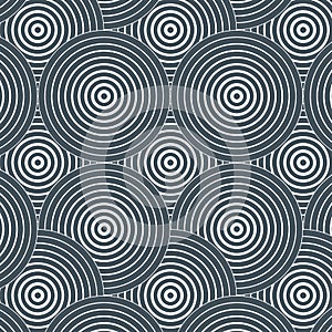 Geometric vector pattern, repeating linear circles overlap each,el