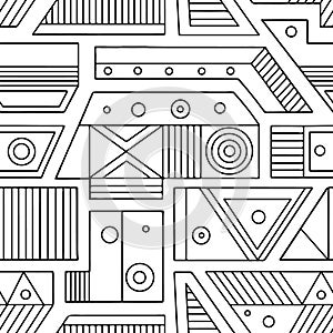 Geometric vector seamless pattern with different geometrical forms. Square, triangle, rectangle, dots, circles. Modern techno desi