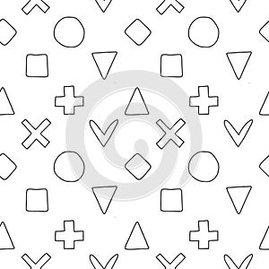 Geometric vector seamless pattern with different geometrical hand drawn forms. Square, triangle, rectangle, dots, circles.