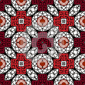 Geometric vector seamless pattern. Greek ornamental modern background. Colorful repeat backdrop. Abstract greek key meanders red