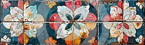 Geometric Vintage Floral Mosaic Tile Pattern on Concrete Wall