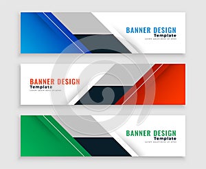 Geometric web banners in three colors set