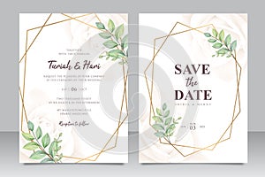 Geometric wedding invitation card template with beautiful leaves watercolor