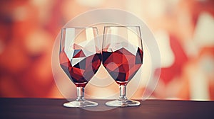 Geometric Wine Glasses Abstract, Valentines Day Red Background Bokeh, Copy Space