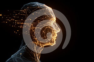 Geometric wireframe human head made of glowing lines and dots