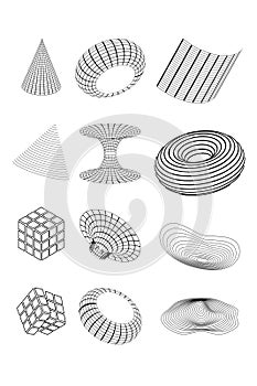 Geometric wireframe shapes on a transparent background.Abstract patterns. Y2k.
