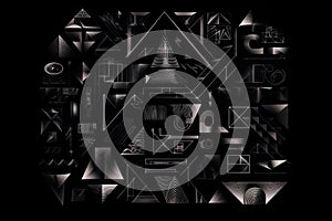 geometric wordplay on a black background, with hidden messages and double meanings