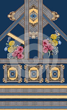 Geometric yellow blue flowers baroque gold lines