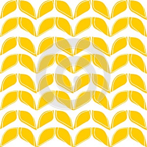 Geometric yellow petals in a seamless pattern with a white background. Spikelets of wheat upside down.