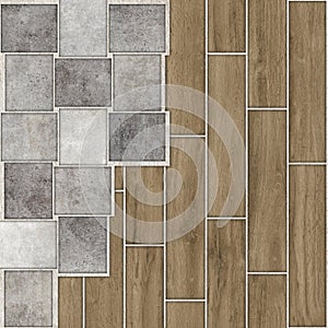 geometrical fashion illustration with wooden and marble textures. modern ceramic mosaic.