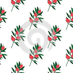 Geometrical pomegranate branch seamless pattern on white background