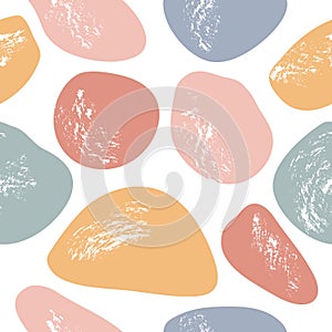 Geometrical seamless vector pattern or mosaic of hand drawn rounded pastel color shapes with grunge texture on white