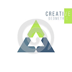 Geometrical triangle or arrow in three parts logo design. Technology business identity concept. Creative corporate template. Stock