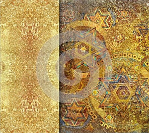 Geometrical yellow textured background with golden spraying