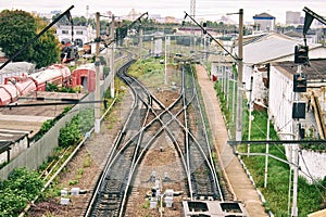 Geometrically correct fork in the railway. Intersection of several railway tracks