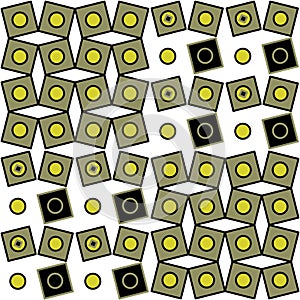Geometrie pattern in green, black and yellow on white background with circles and squares. photo
