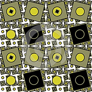 Geometrie pattern in green, black and yellow on white background with squares and circles. photo