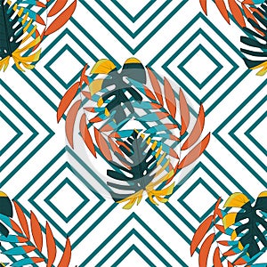 Geometry background seamless pattern with tropical exotical leaves.