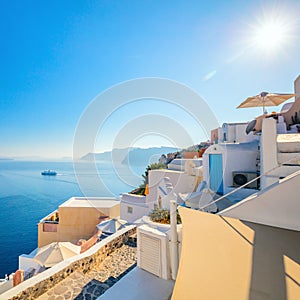 Geometry and colors of sunny Santorini, Greece. Conceptual Artistic Fragments of traditional buildings in Oia on Santorini. A