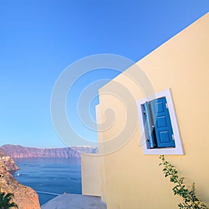 Geometry and colors of sunny Santorini, Greece. Conceptual Artistic Fragments of traditional buildings in Oia on Santorini. A