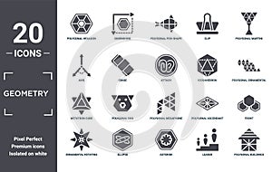 geometry icon set. include creative elements as polygonal hexagon, polygonal martini glass shape, icosahedron, polygonal megaphone