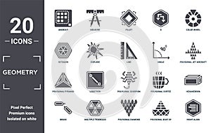 geometry icon set. include creative elements as ungroup, color wheel, angle, polygonal scorpion, multiple triangles inside hexagon