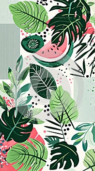 Geometry pattern with tropical leaves. Beautiful allover print with hand drawn exotic plants. botanical design.
