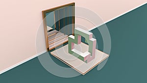 Geometry on Podium, golden border on green floor, and pink wall with Square niche The golden frame. And has a mirror can be used f