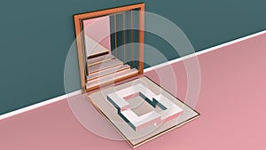 Geometry on Podium, golden border on pink floor, and green wall with Square niche The golden frame. And has a mirror can be used f