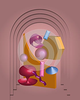 Geometry random 3d primitive shapes and objects against pink arch background