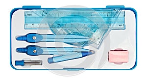 Geometry set with compass, ruler and protractor photo