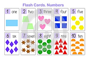 Geometry shapes cute colorful mathematic symbols number learning printable flash cards, educational worksheet