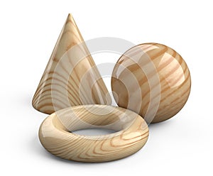 Geometry wooden shapes - torus, cone, sphere